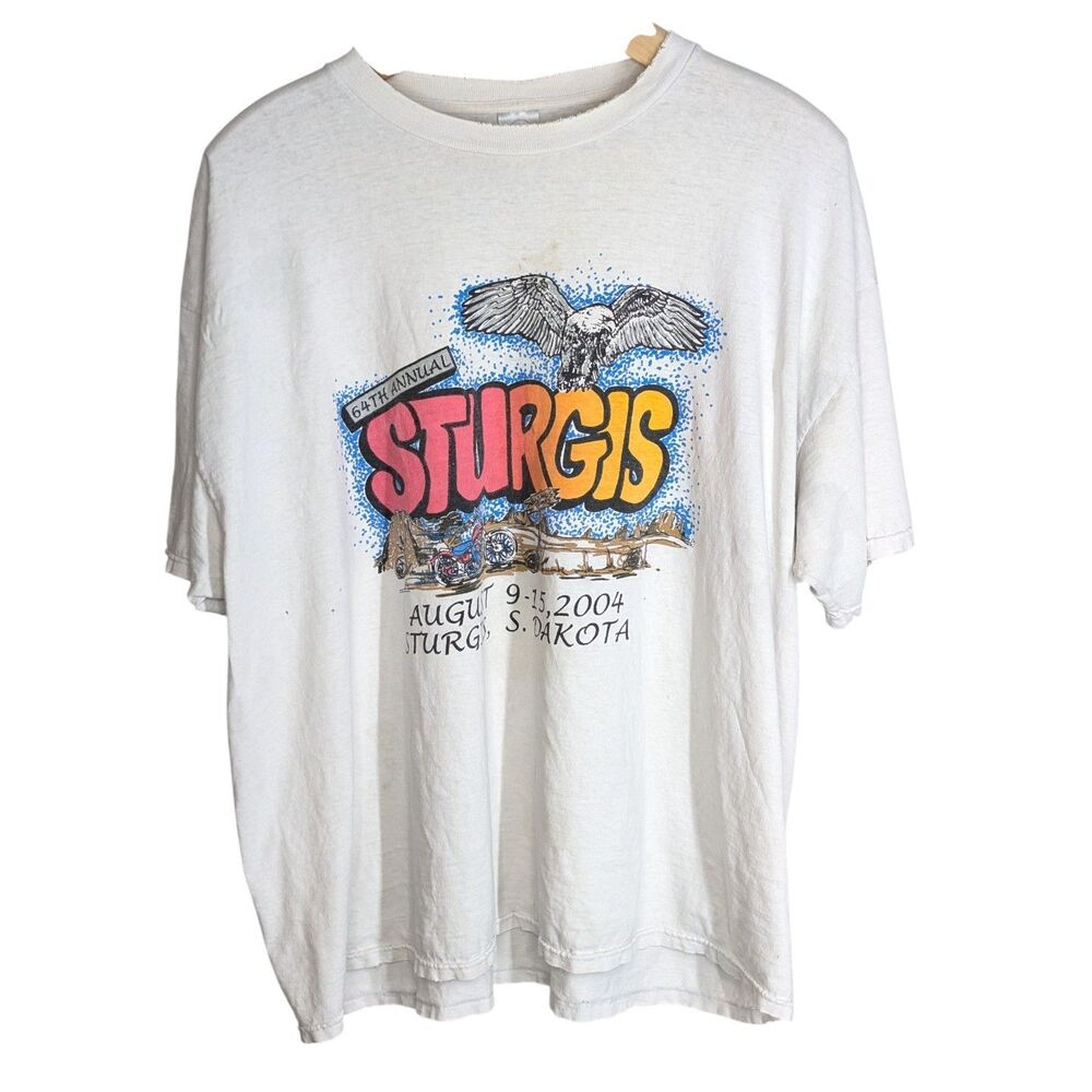 Vintage Thrashed Sturgis 2004 Motorcycle T Shirt Sz 3XL Cotton Made in USA 64th